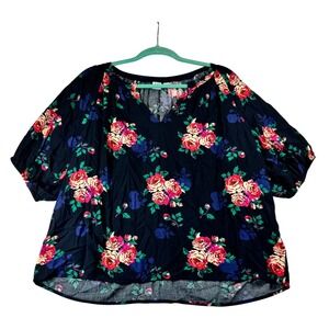 GAP Floral Print Top Blouse Black Red Green Women's L Scoop Notch Neck relax fit